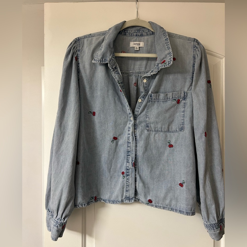 Kensie jeans embroidered cherry denim shirt